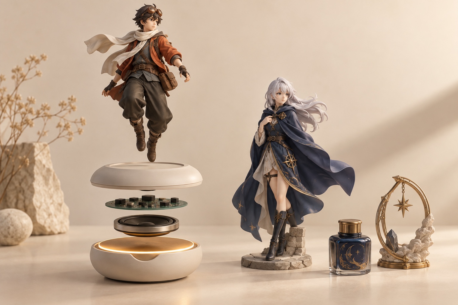 手办、机芯底座与角色道具的原创结构概念示意